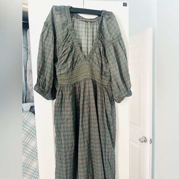 Free People Olive Green Plaid V-Neck Maxi Dress M - Picture 4 of 7